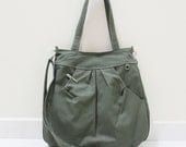MAY Sale - Army Green Canvas Women Shoulder bag, Messenger, Tote, Everyday Purse, School bag, Handbag - Pleated Hoodie Bag