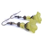 Mother's Day Sale, Green Flower Earrings, Green Petunia Lucite Flower Earrings with Antique Bronze Findings