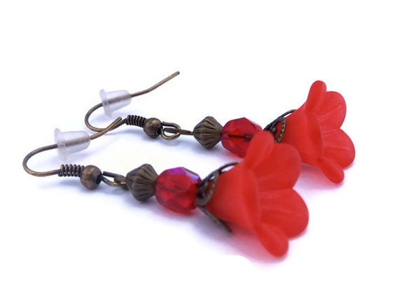 Mother's Day Sale, Red Flower Earrings, Red Petunia Lucite Flower Earrings with Antique Bronze Findings