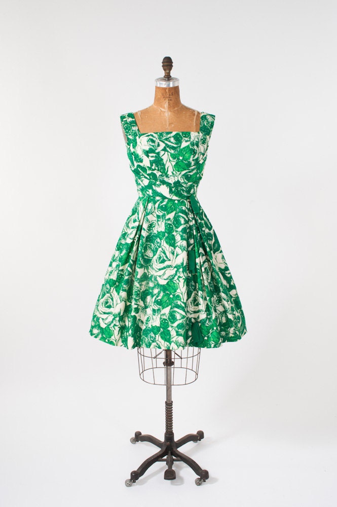 Vintage 1950's Dress Green Floral Summer Bright