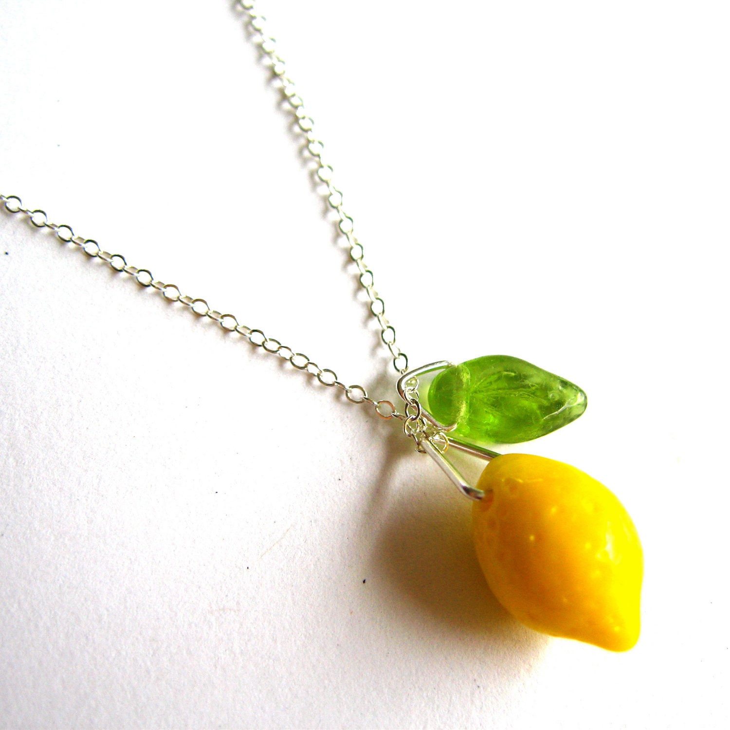 Lemon Grove Necklace -cute bright yellow glass lemon and green glass leaf on sterling silver -Free Shipping USA