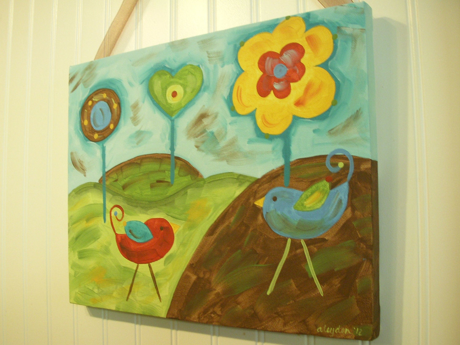 Primitive Folk Art Birds Trees ..Original Painting..Hand Painted Canvas..11 x 14 Wall Art..Brown Green Turquoise "Birdie Land"