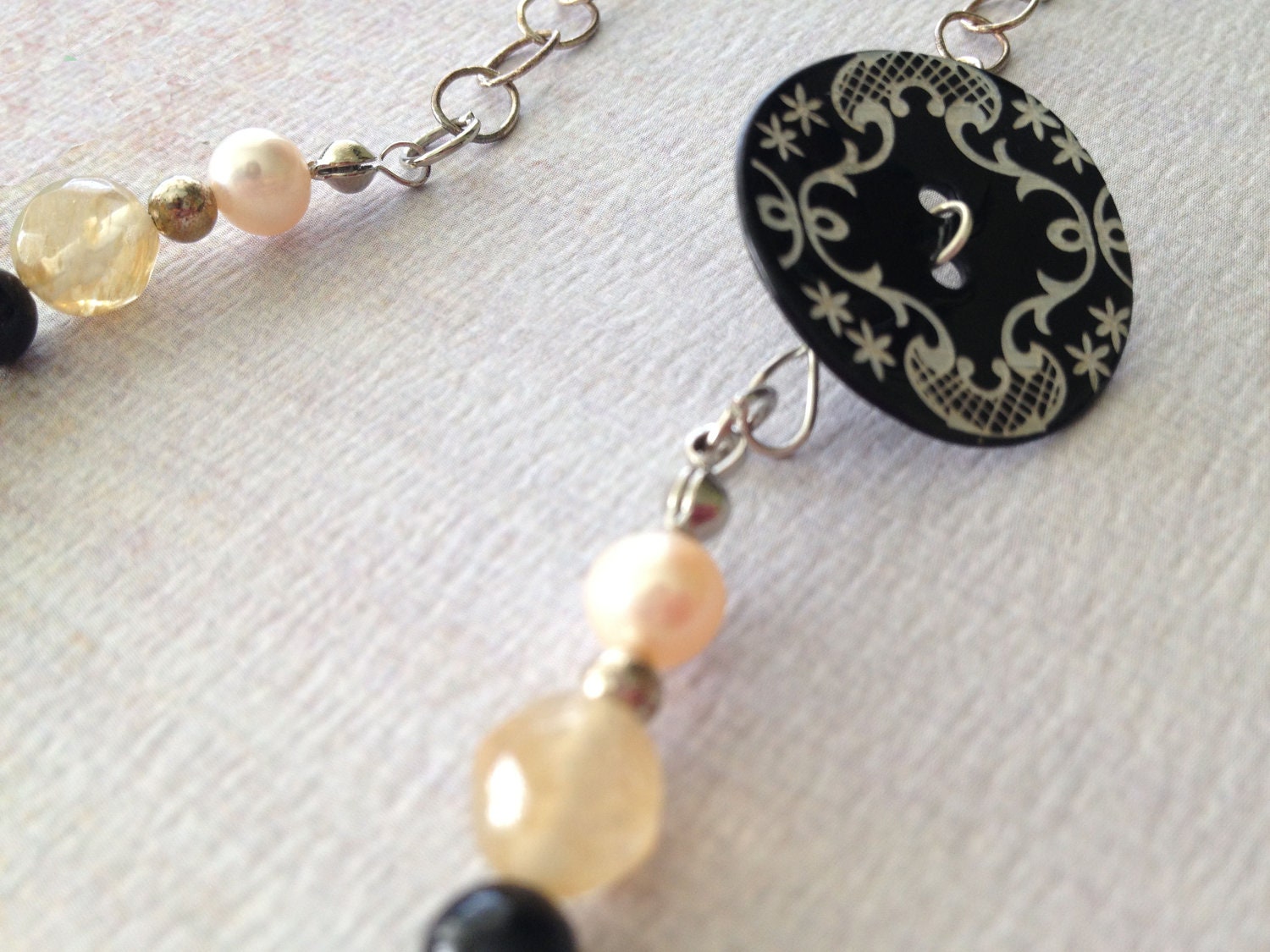 SALE Pearl and Jade Asymmetrical Button Necklace