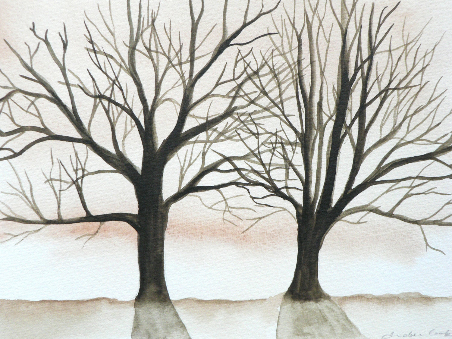 original watercolor painting of tree silhouettes with orange brown background - atelier28