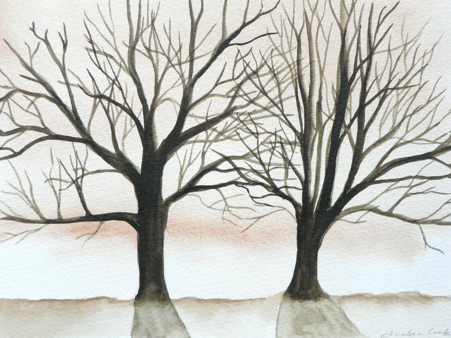 original watercolor painting of tree silhouettes with orange brown background