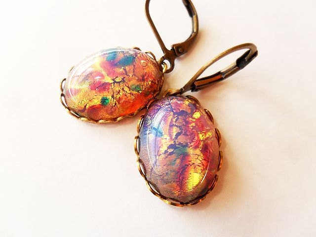 Small Opal Glass Drop Earrings, Harlequin Jewels