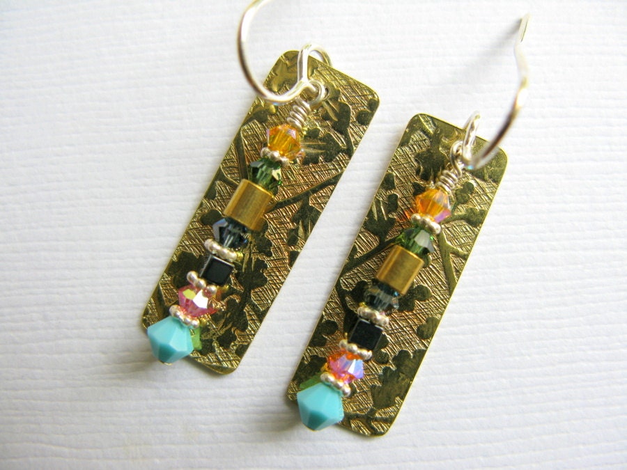 Sale - Colorful etched brass dangle earrings -  small simple Swarovski crystal and brass earrings - one of a kind handmade jewelry