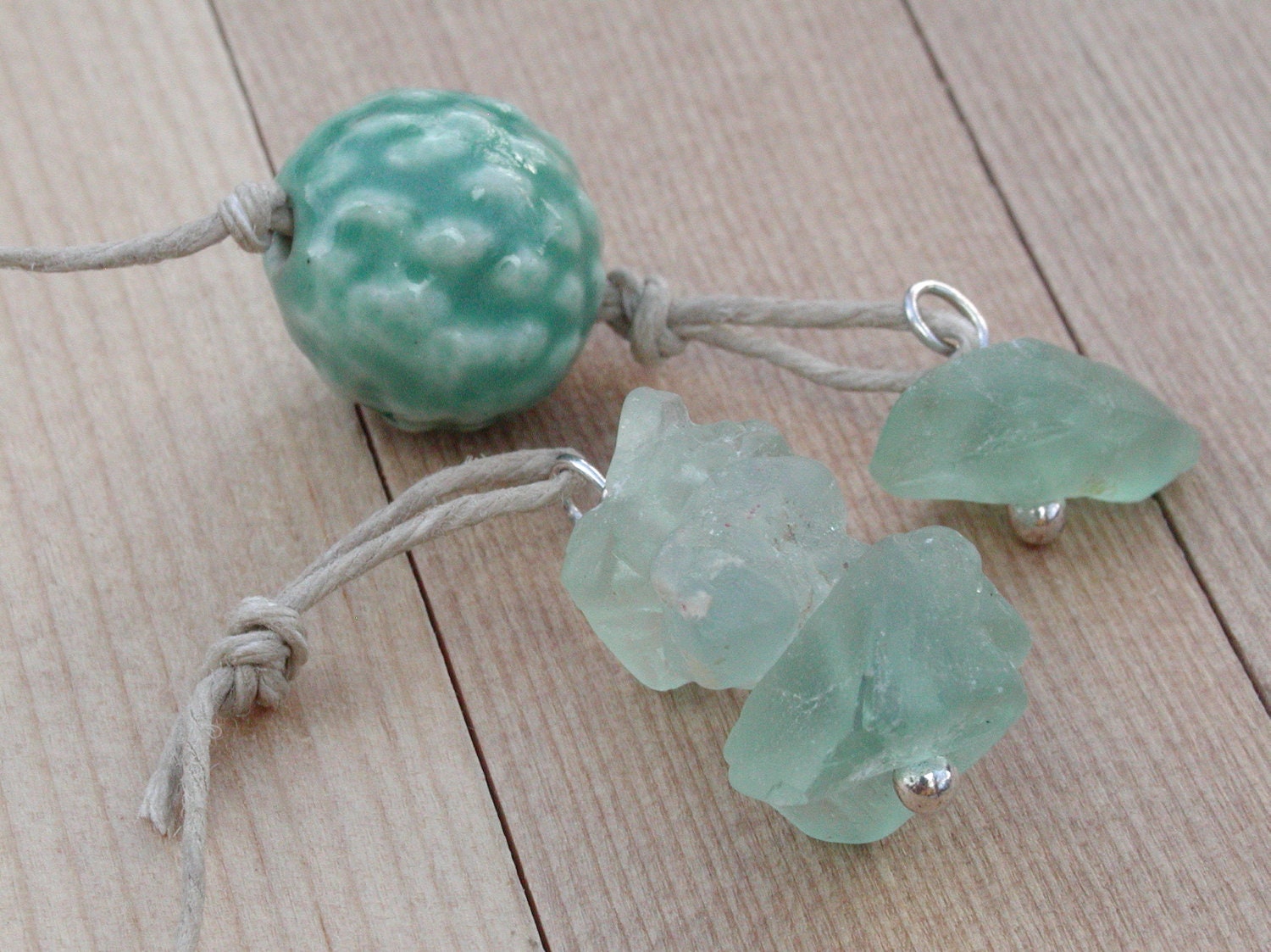 Book Dangle / Rough Raw Gemstones and Green Glazed Ceramic Bead on Hemp Cording