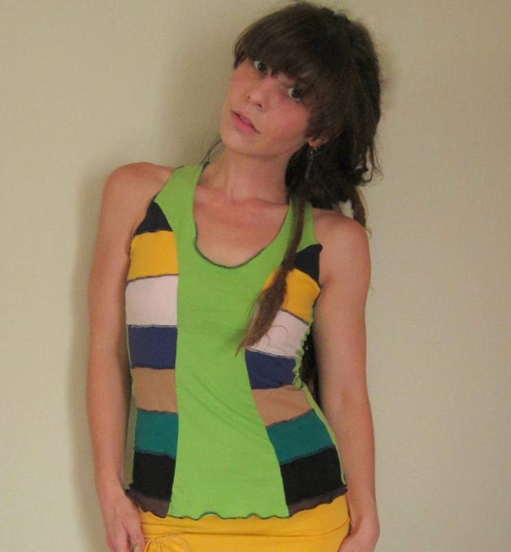BOGO 1/2 off on SaLe items: PatchWork Racer-Back Tank Top Organic Cotton Jersey Knit Eco Friendly Sz. XS-SM