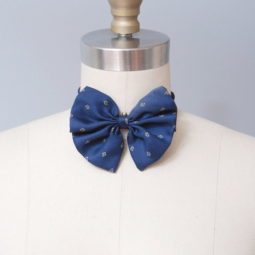 1980s Bow Tie - Blue Silk Dotted Bow Tie