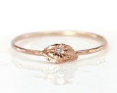 Diamond Leaf Ring in 14k Rose Gold - Thin hammered Pink Gold Stacking Ring with Leaf and Diamond