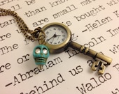 Vintage Style Skeleton Key Clock Watch Pendant Necklace with Howlite Skull and Swarovski Crystals Bronze and Teal