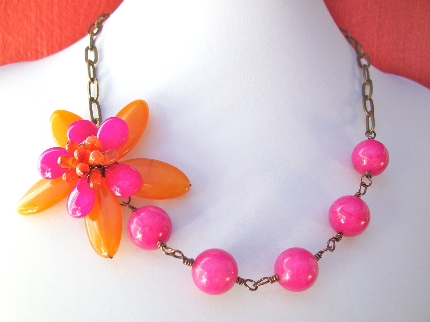 Pink orange flower necklace, asymmetrical gemstone wire wrapped flower jewelry with fuchsia orange agate, carnelian, pink quartz