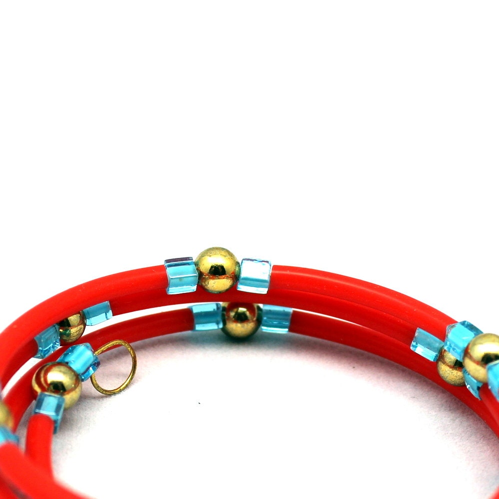 Wrap Bracelet Bangle Fluorescent Day glo Orange, baby blue and Gold