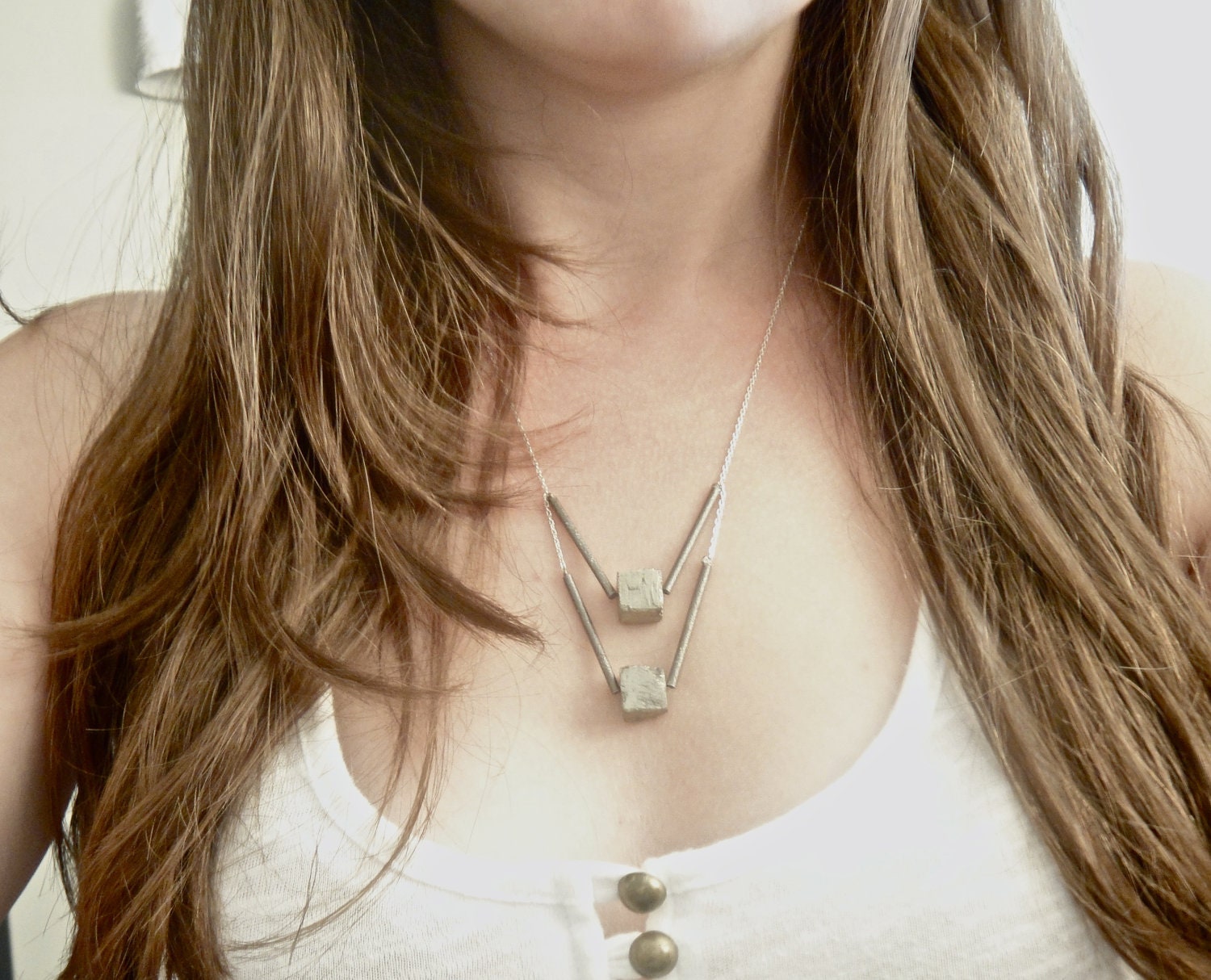 love on the rocks v8 // raw cut cubed pyrite and gunmetal cylindrical rods on adjustable dainty silver plated chain