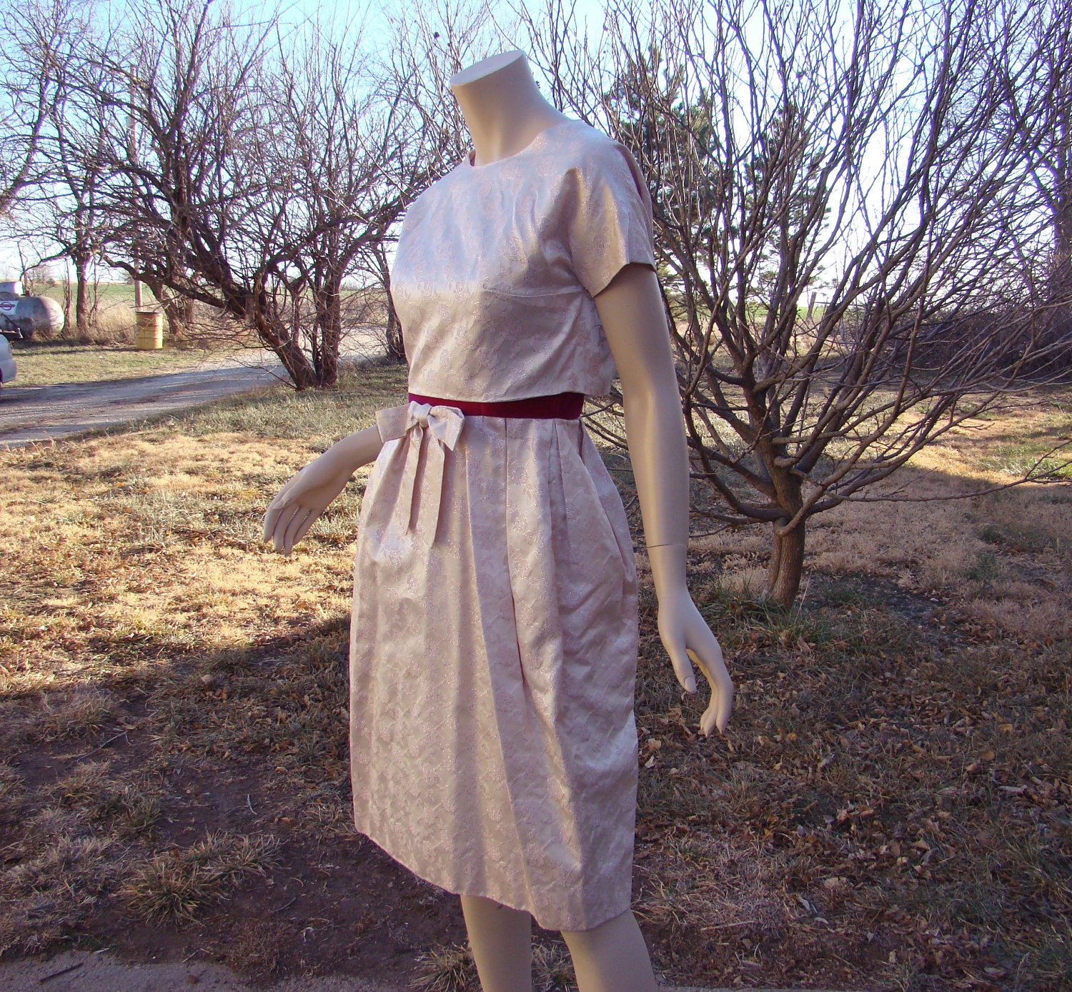 Pink Brocade Cocktail Dress- Sparkle Blush & Fuchsia Red Velvet- 1950's Pin Up Prom Dress