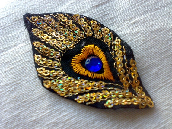 Peacock Feather Applique Black Blue Gold Sew On Fabric Silk Embroidered Beaded Sequins