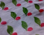 Custom Block Print Fabric White Red Green Leaves Berries