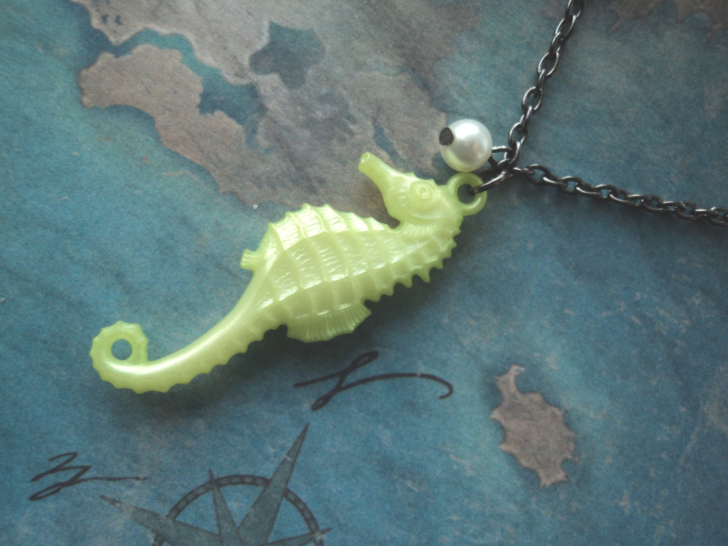 Neptune's Stallion - Chartruese Green Seahorse and Pearl Nautical Necklace