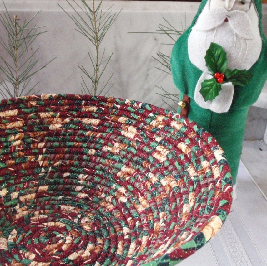 Coiled Basket - Christmas Day - LARGE - Holiday Centerpiece, Handmade Fabric Bowl, Old Fashioned Christmas, Green Sparkles