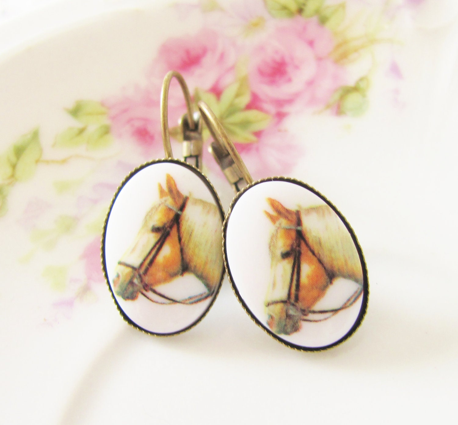 Horse Earrings - Vintage Blonde Pony Antique Brass Lever Back Drop Dangle Earrings - Equestrian, Horse Lover, Cowgirl, Cowboy