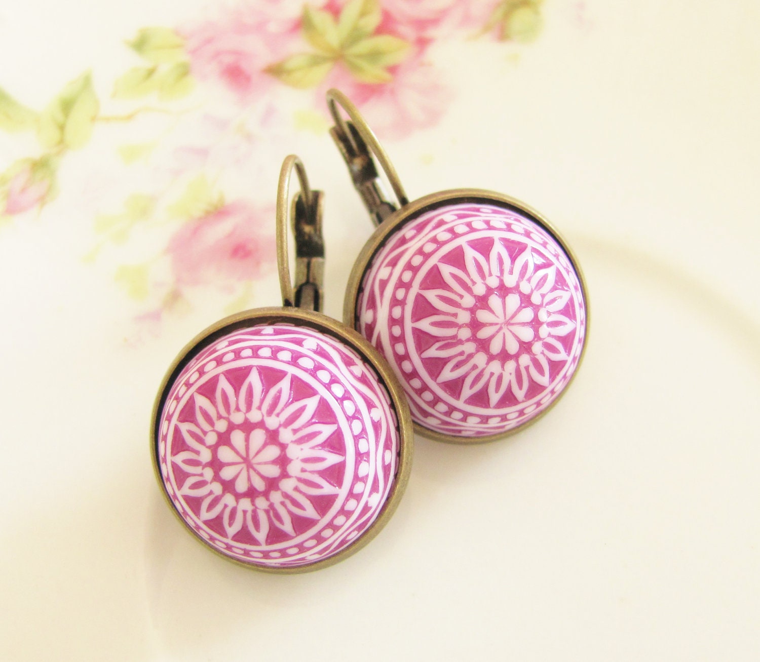 Purple and White Mosaic Earrings - Vintage Plum Purple and White Mosaic Bohemian Antique Brass Earring Drop Dangles
