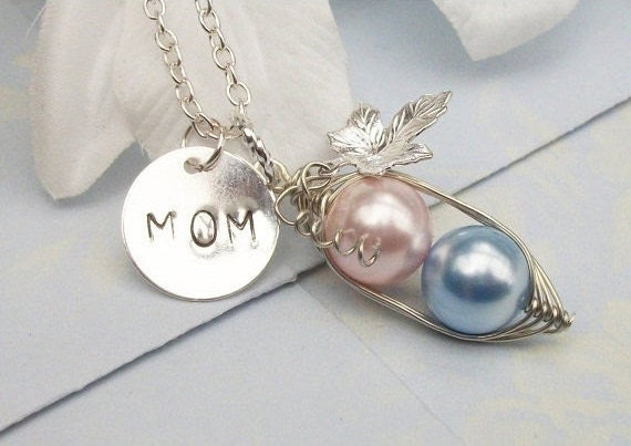 Personalized Peas in a Pod Hand Stamped Silver Necklace Pendant - Choose Your Initials or Pearl Colors. Great Gift.