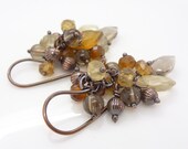 Copper earrings - Hessonite garnet earrings with smoky quartz. Golden brown garnet earrings. Earth tone cluster earrings. Copper jewelry