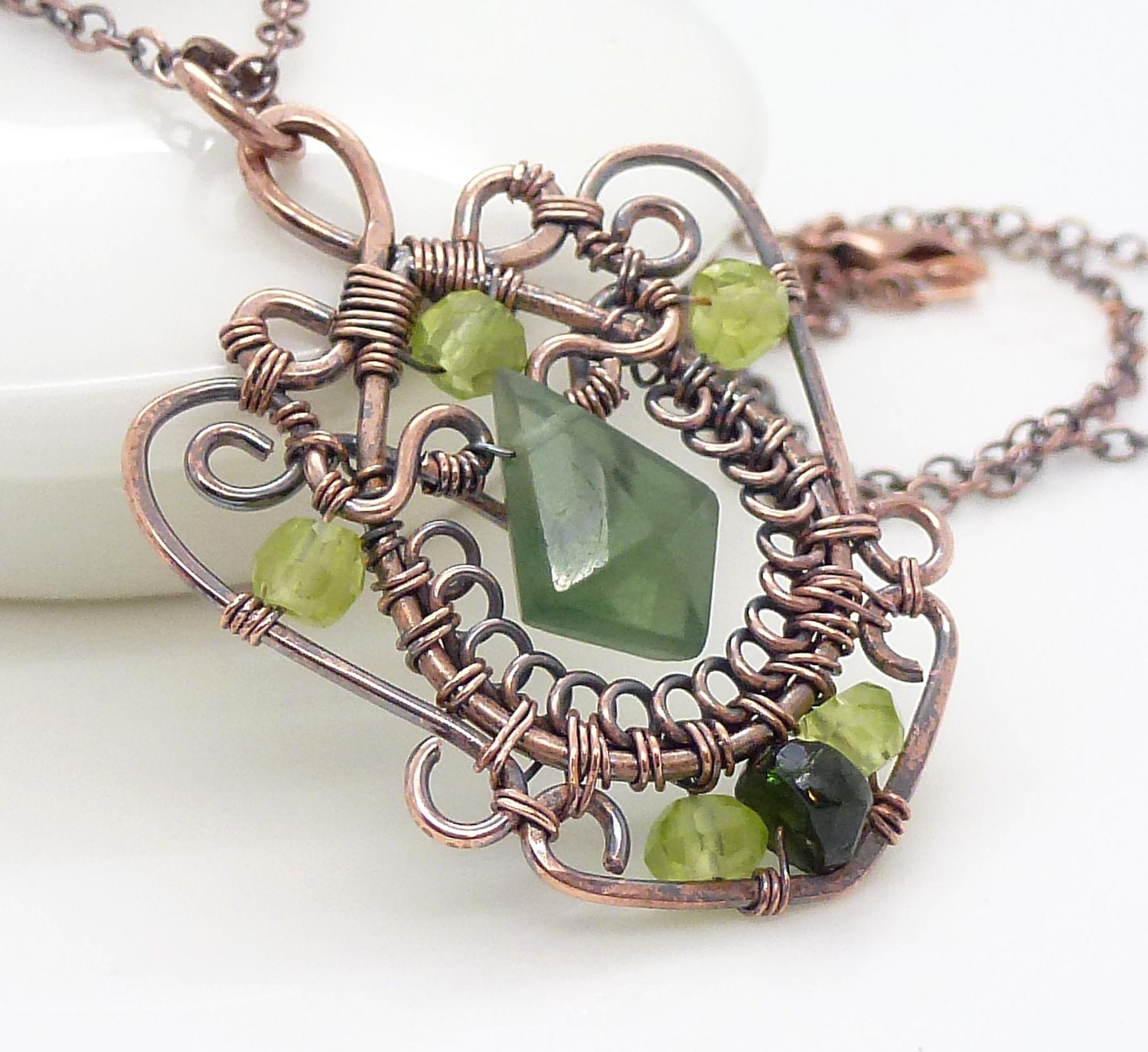 Copper Necklace on Copper Necklace Green Peridot Necklace Olive Green Wire Wrap Jewelry