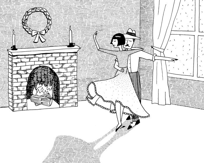 Christmas Eve  // Romantic dancing couple black and white illustration // 8x10 art print