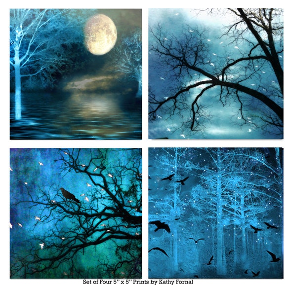 Nature Photos 5" x 5" - Set of Four Surreal Dreamy Blue Tree Nature Photos, Set of Four 5" x 5" Fine Art Fantasy Nature Prints