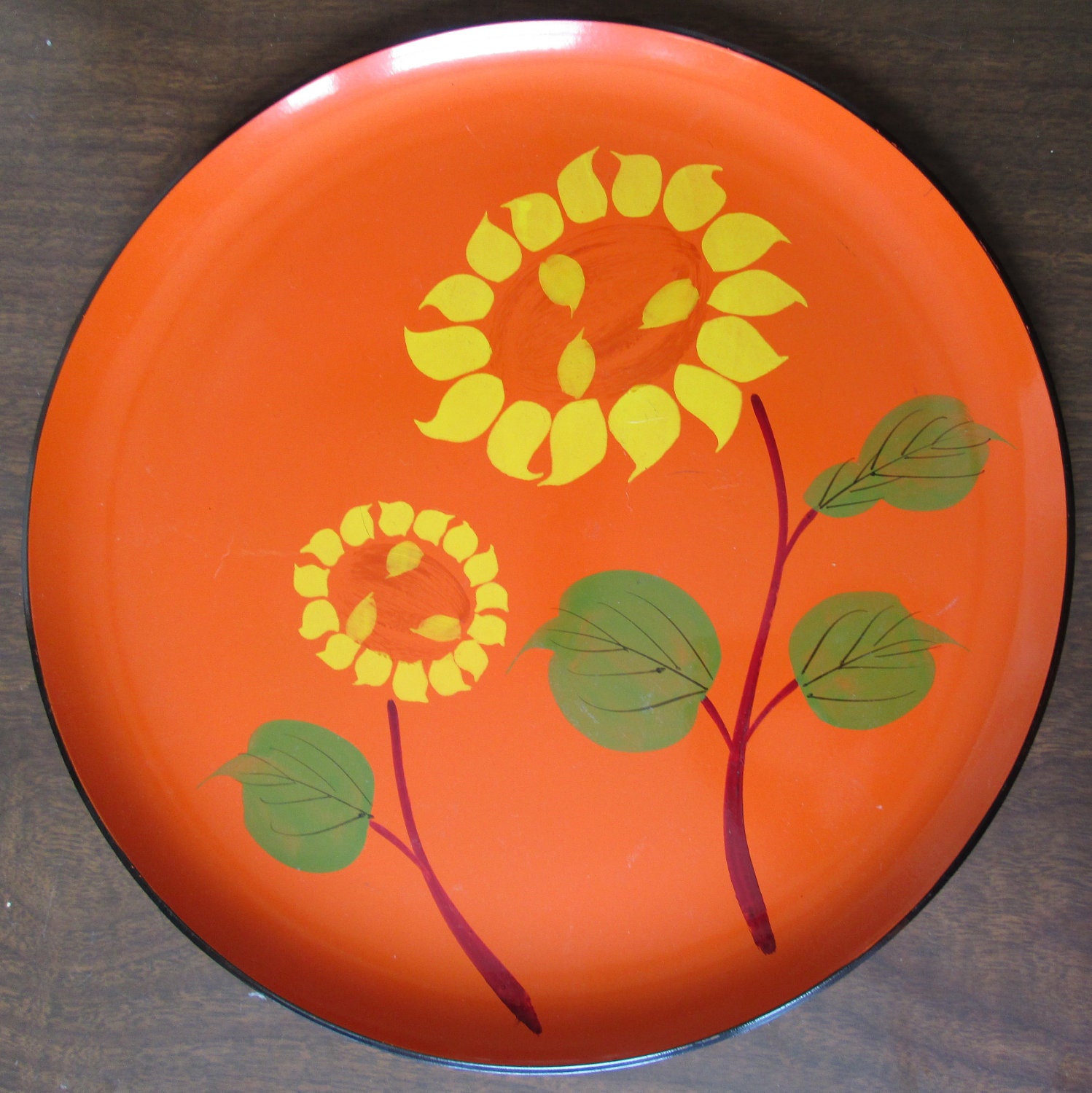 Vintage Laquer Ware Circular Tray with Sunflowers