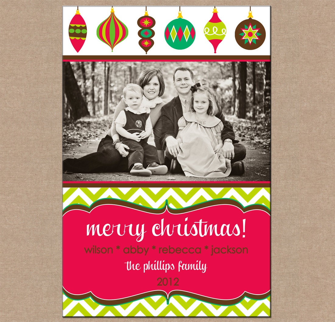12 Personalized Printed Christmas Holiday Photo Cards with envelopes - ornaments and lime chevron one photo vertical layout