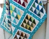 Scrappy Turquoise Baby Quilt- Shower Gift- Triangles- Green- Magenta- Teal- Yellow- Brown- Purple