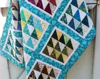 Scrappy Turquoise Baby Quilt- Shower Gift- Triangles- Green- Magenta- Teal- Yellow- Brown- Purple