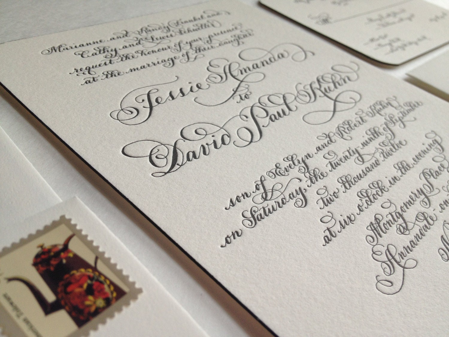 Wedding Calligraphy Invitation Letterpress with Edge Painting on Duplex Love No.82608