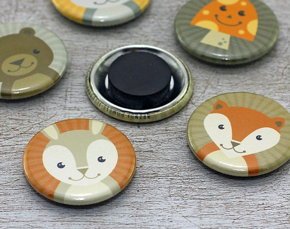 Woodland Fox Button Magnet Set, Gift Tin: Refrigerator Magnets - Fox, Bear, Squirrel, Bunny Rabbit, Mushroom, Acorn - Orange (Set of 6)