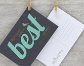 Best Day Ever Postcard Set - Modern typography, funny quote, Bird, pinstripes - Grey, Seafoam Green, Orange, Lime (Set of 8)