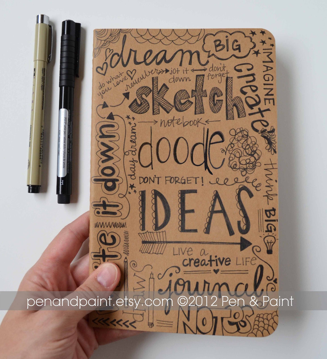 Hand Drawn Notebook, Journal, Diary, Sketchbook, Idea Book, Typography, Hand Lettering, Large Moleskine Cahier, Kraft, OOAK