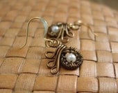 Glass Pearl and Woven Bronze Petite Earrings