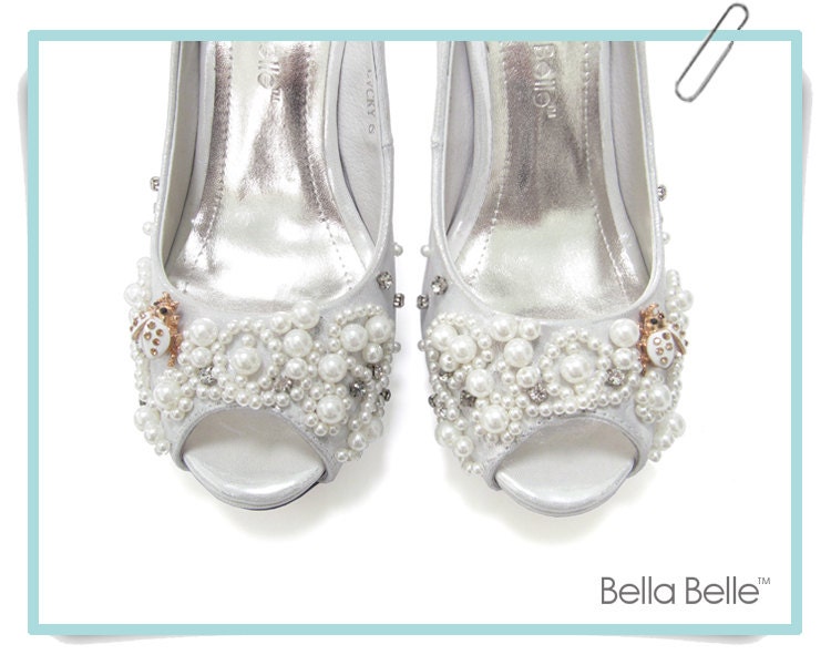 Pearls and Gold Lucky Lady Bug Charm White Silver Bridal Wedding Shoes Bridal Peep Toe Pumps