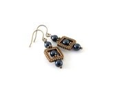 Dark Blue Earrings Navy Blue Glass Pearl Antique Copper Beaded Wire