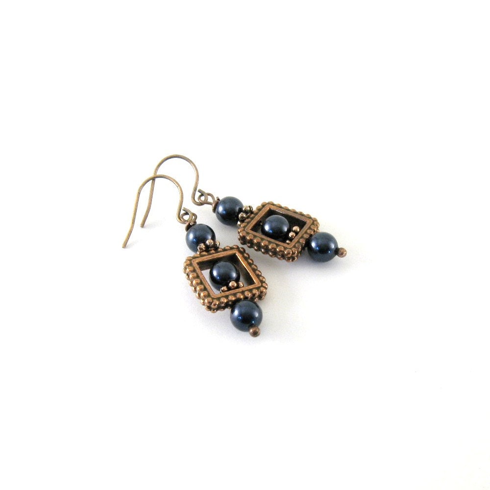 Dark Blue Earrings Navy Blue Glass Pearl Antique Copper Beaded Wire