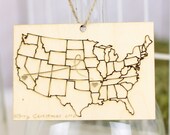 Personalized Christmas Ornament Engraved Wood USA States with Hearts Rustic Home Decor Gift
