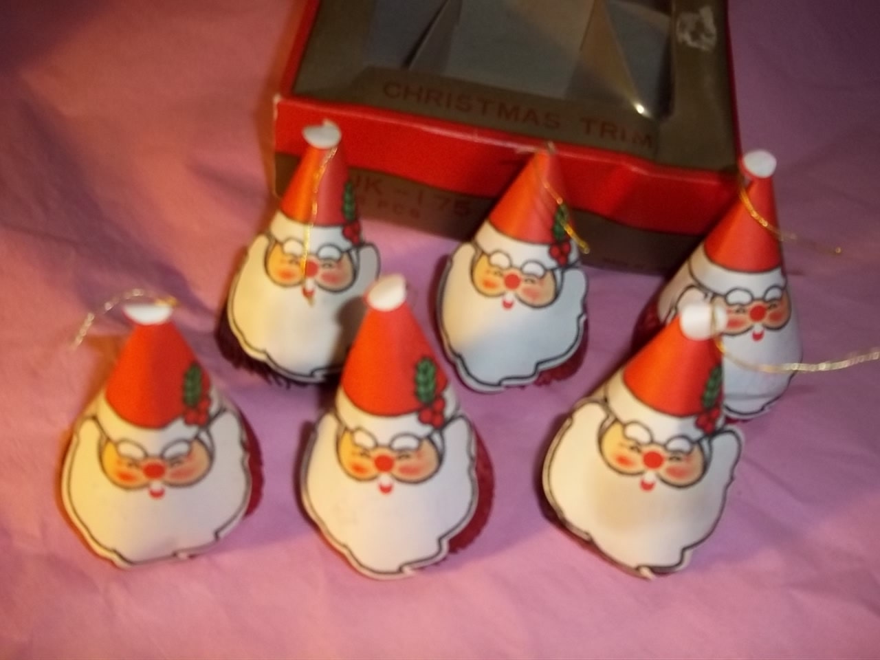 retro mini SANTA paper Ornaments Vintage Santa's Christmas Holiday, decorations, gift wrap,  pack of 6