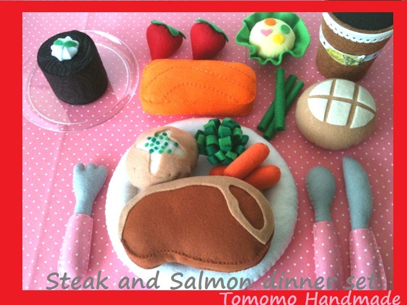 ETSY Pretend food - Play food - Felt food  Delax Dinner set  ( Steak and Salmon ) - TomomoHandmade