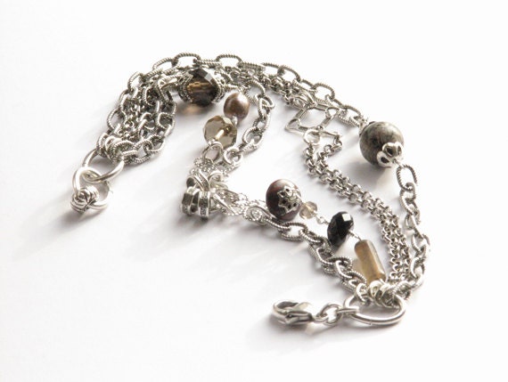 Multi chain and gemstone bracelet- brown black stone multi strand sterling silver chain bracelet- neutral- Game of Thrones- holiday- Maester