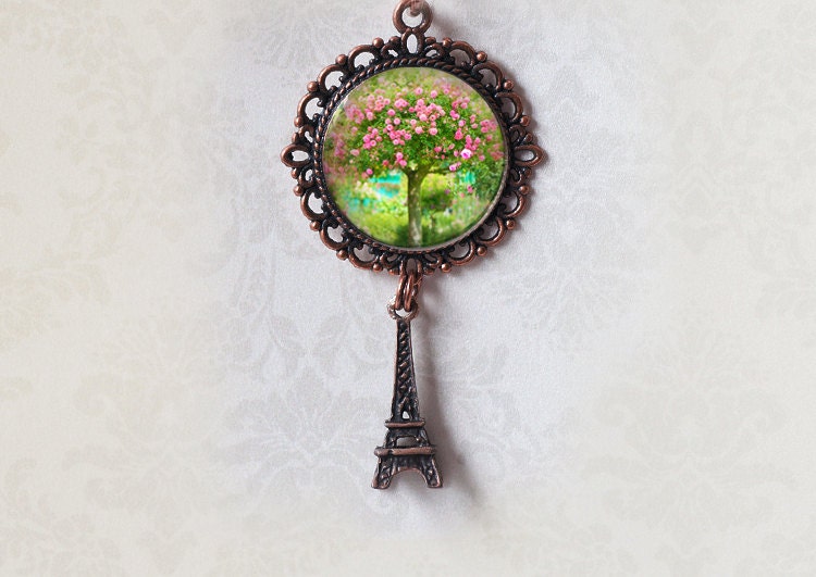 Rose Tree Photo Pendant - Monet's Garden, Antiqued Copper Filigree Charm - Resin Jewelry Gift Pendant -  Wearable Art