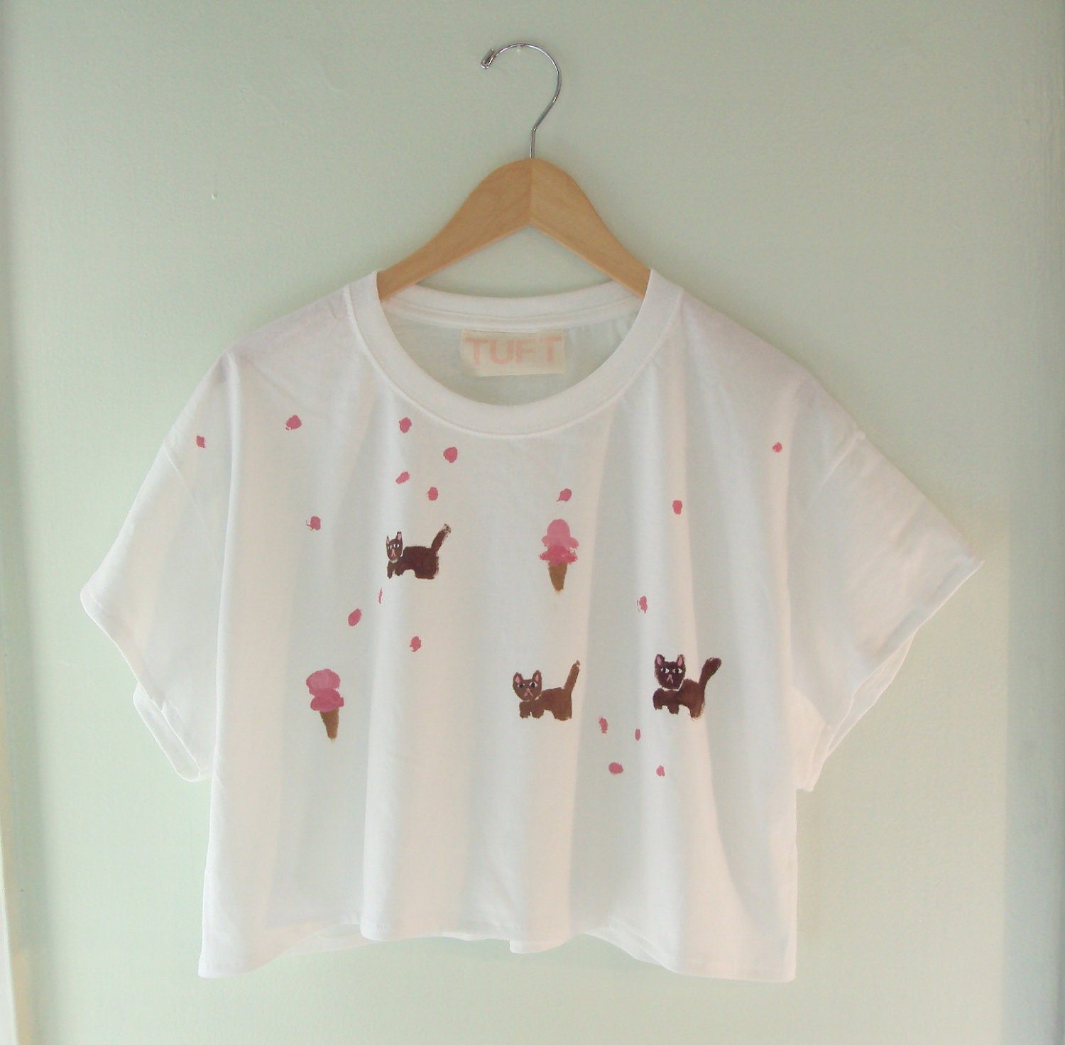 TUFT hand painted white cat crop top with pink polka dots and ice cream one size