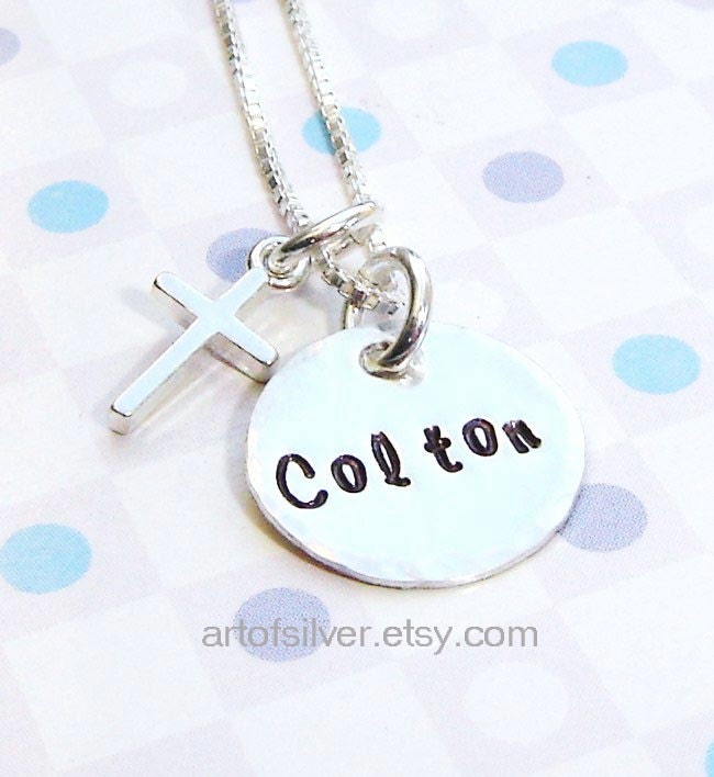 Hand stamped necklace - Personalized jewelry - Women jewelry - name and cross charm